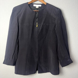 Markstone Womens Size 6 Black 100%‎ Silk Gold Full Zip Shacket Jacket Blazer Vtg